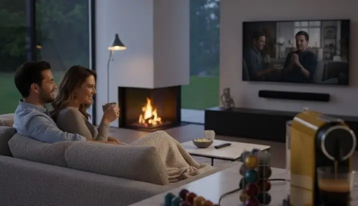  couple assis sur le divant en train de boire leur café devant un film