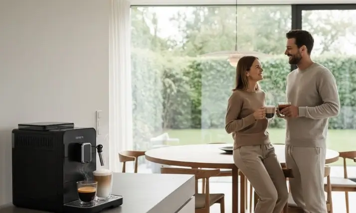 machine à café grain dans une belle salle à manger avec une couple qui s'apprête à boir un bon café, sans montrer la marque de la machine