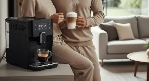  une machine à café grain dans un joli salon avec une couple qui s'apprête à boir un bon café, sans montrer la marque de la machine
