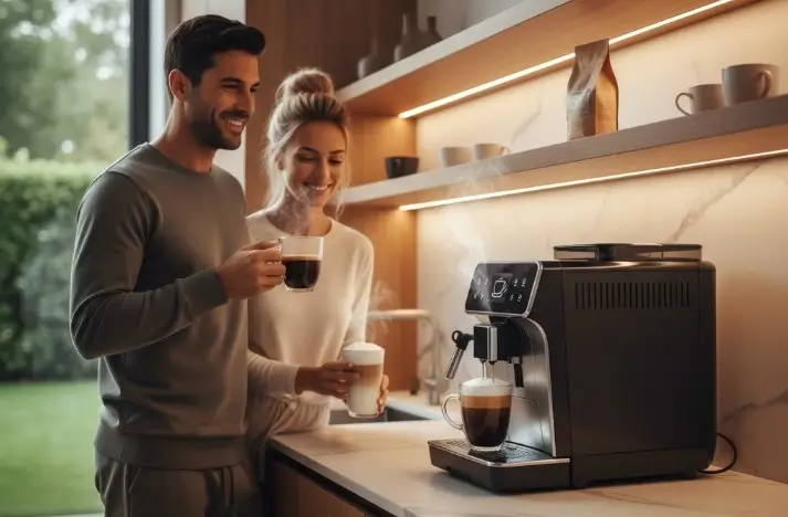  belle cuisine avec une couple qui s'apprête à boir un bon café, sans montrer la marque de la machine