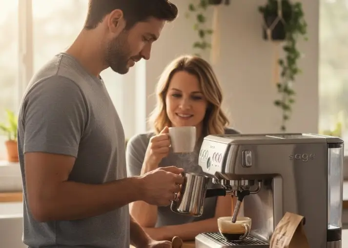 homme en train de préparer un expresso pour sa femme en utilisant une machine expresso manuelle
