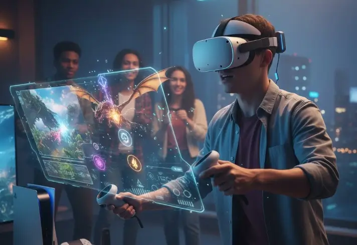 jeune homme jouant devant ses amis avec le VR2 PS5 sur sa tête