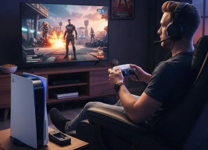 gamer assis sur son fauteuil en train de jouer à la PS5