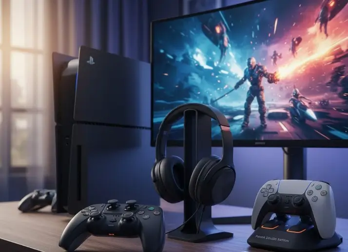 bureau d'un gamer avec écran, ps5, deux manettes et casque