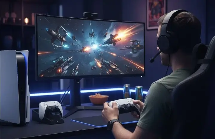 gamer jouant sur sa ps5 avec une manette blanche