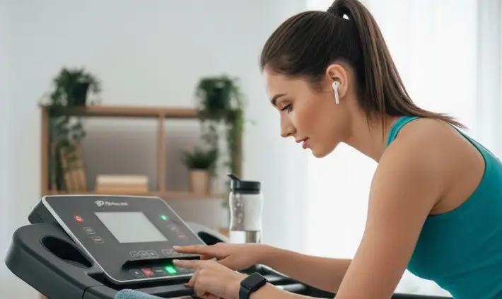 femme chez elle sur son tapis de course qui appuie sur les boutons
