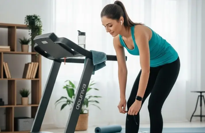 femme chez elle sur son tapis de course en train de se préparer à courir