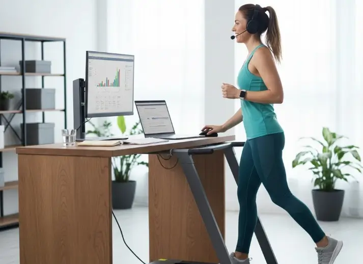 femme en train de courir sur un tapis roulant fitness chez elle pendant son télétravail à côté de son bueau