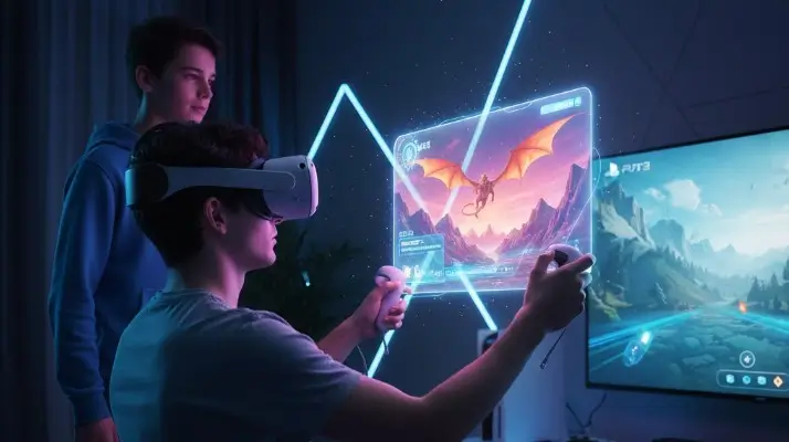  jeune en train de porter le VR2 PS5 dans son salon avec son frère à côté