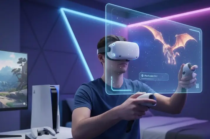 jeune en train de porter le VR2 PS5 dans sa chambre