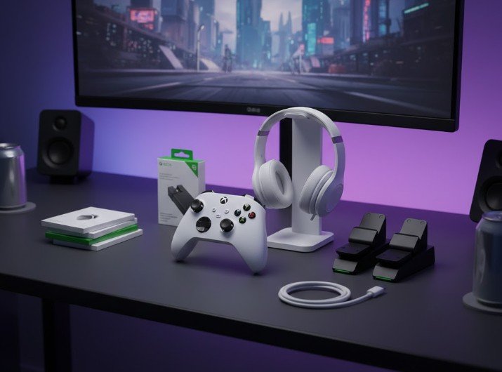 accessoires de la xbox serie s posés sur la table de jeu devant écran