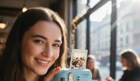 jeune fille en train de prendre une photo avec un instax mini